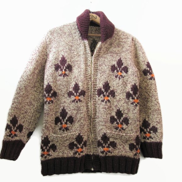 Vintage Sweaters - Vintage Hand Knit Fleur de Lis Cardigan